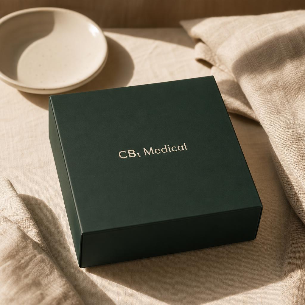 CB1 Medical branded patient shipment box on warm linen